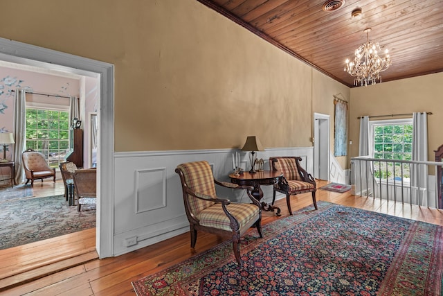 1130 Squirewood Way, Dandridge, TN 37725 - living area with a chandelier, a wainscoted wall, wooden ceiling, hardwood / wood-style floors, and healthy amount of natural light