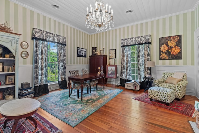 1130 Squirewood Way, Dandridge, TN 37725 - office space featuring ornamental molding, wainscoting, wallpapered walls, a chandelier, and hardwood / wood-style flooring