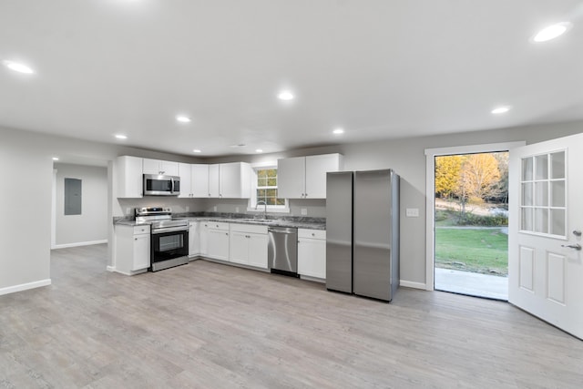 kitchen featuring sink, electric panel, light hardwood / wood-style floors, white cabinets, and appliances with stainless steel finishes