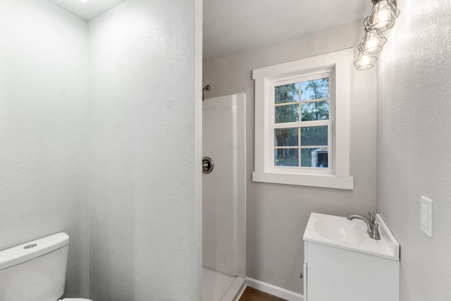 bathroom featuring a shower, vanity, and toilet