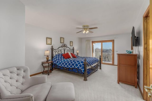 bedroom with access to outside, light carpet, ceiling fan, and baseboards