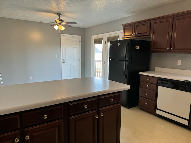 kitchen with dark brown cabinetry, dishwasher, black fridge, and a textured ceiling