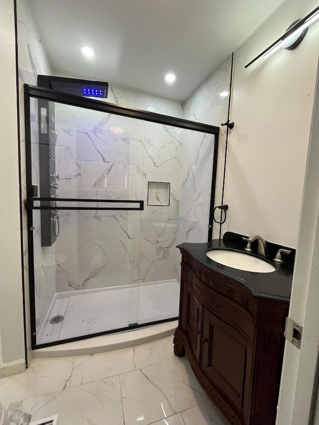 281 Webb Rd, Rogersville, TN 37857 - full bathroom with vanity, marble finish floors, a marble finish shower, and recessed lighting