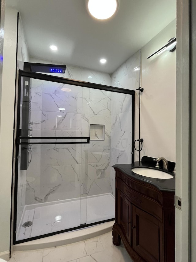 281 Webb Rd, Rogersville, TN 37857 - full bath with marble look tile flooring, vanity, a marble finish shower, and recessed lighting
