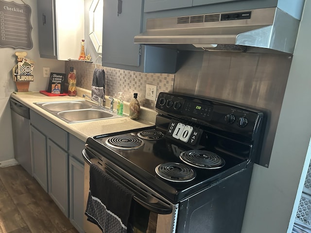 281 Webb Rd, Rogersville, TN 37857 - kitchen featuring black range with electric stovetop, under cabinet range hood, dishwasher, a sink, and gray cabinets