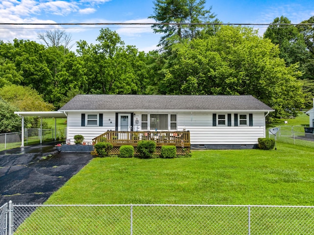 305 Hamilton Pl, Kingsport, TN 37663 - ranch-style house with crawl space, a deck, driveway, a fenced backyard, and an attached carport