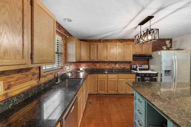 148 Delph Ln, Mooresburg, TN 37811 - kitchen featuring appliances with stainless steel finishes, under cabinet range hood, a sink, light wood-type flooring, and hanging light fixtures