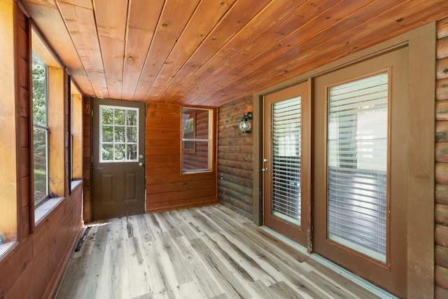 148 Delph Ln, Mooresburg, TN 37811 - doorway to outside featuring wood ceiling, light wood finished floors, and wood walls