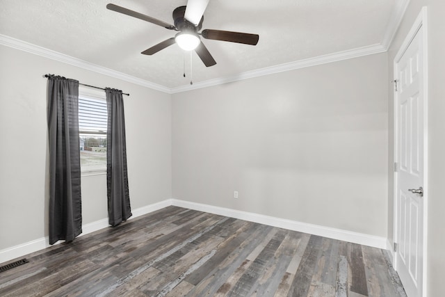 unfurnished room featuring ornamental molding, dark hardwood / wood-style floors, a textured ceiling, and ceiling fan