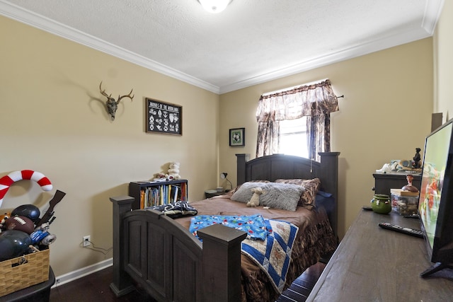 bedroom featuring a textured ceiling, dark hardwood / wood-style flooring, and crown molding