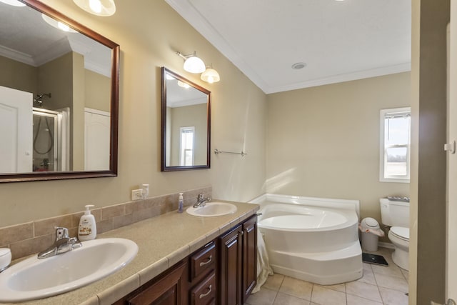 full bathroom featuring plus walk in shower, tile patterned floors, crown molding, toilet, and vanity