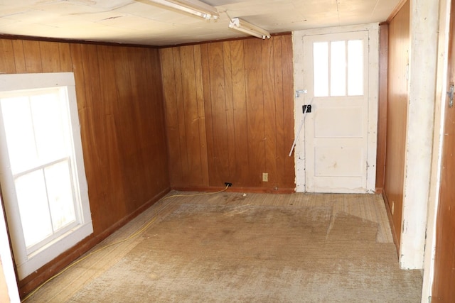 unfurnished room with wood walls and a wealth of natural light