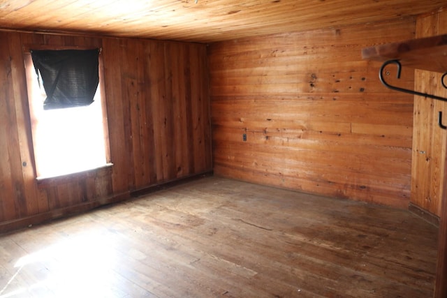 spare room featuring hardwood / wood-style floors, wooden ceiling, and wooden walls