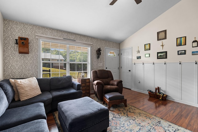 3912 Isaac Ave, Morristown, TN 37814 - living room featuring wallpapered walls, wood finished floors, ceiling fan, and vaulted ceiling