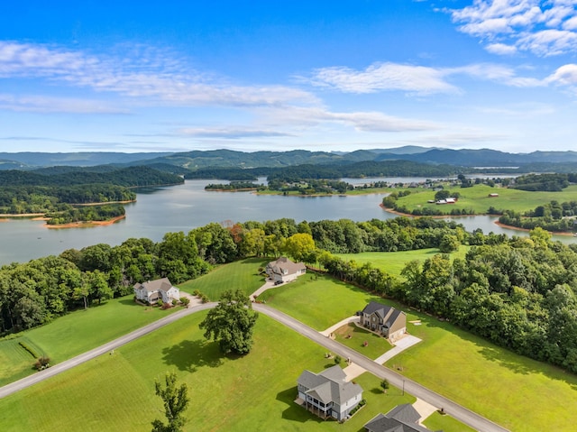 drone / aerial view with a water and mountain view