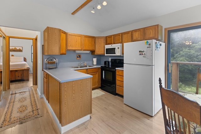 kitchen featuring vaulted ceiling with beams, light countertops, a peninsula, white appliances, and a sink