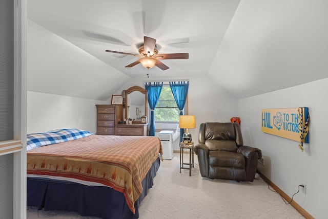 bedroom with baseboards, lofted ceiling, light colored carpet, and a ceiling fan