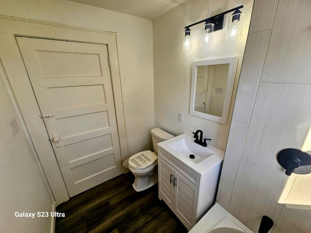 bathroom featuring vanity, wood-type flooring, and toilet