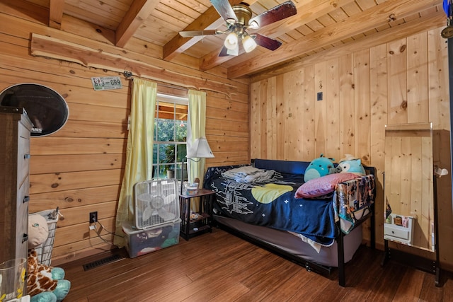 bedroom featuring wood ceiling, ceiling fan, dark wood-type flooring, wooden walls, and beam ceiling