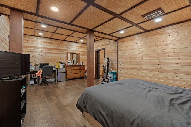 bedroom featuring coffered ceiling, dark wood-type flooring, white refrigerator, wooden ceiling, and wood walls