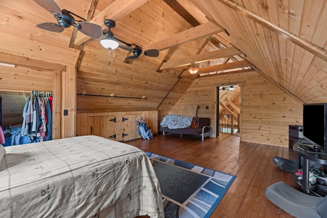 bedroom with lofted ceiling with beams, wood walls, wood-type flooring, and wooden ceiling