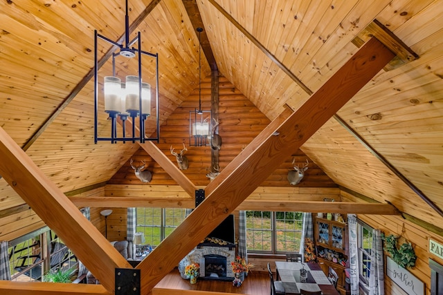 details featuring beamed ceiling, wooden ceiling, a fireplace, and log walls