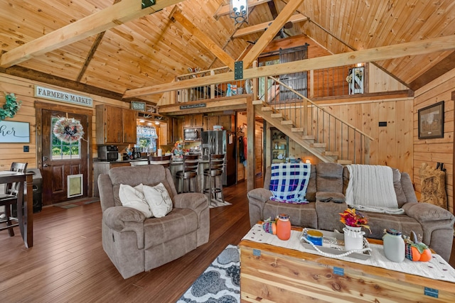 living room with wooden walls, dark wood-type flooring, beamed ceiling, and wood ceiling