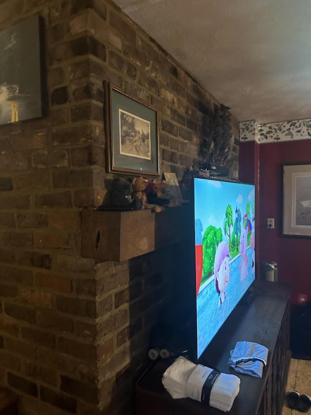 living room with a textured ceiling