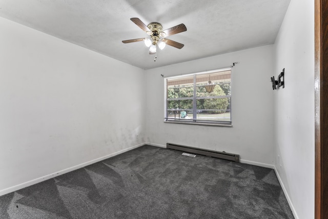 unfurnished room featuring baseboard heating, ceiling fan, and dark carpet