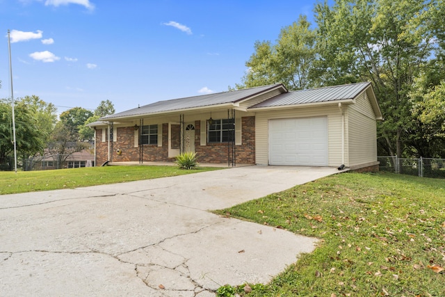 ranch-style house featuring a front yard, a porch, and a garage