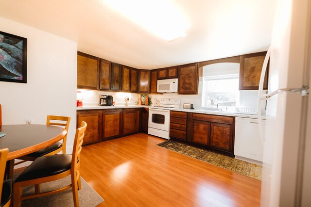 3501 Grassy Fork Rd, Hartford, TN 37753 - kitchen with white appliances, light wood-style floors, a sink, light countertops, and arched walkways