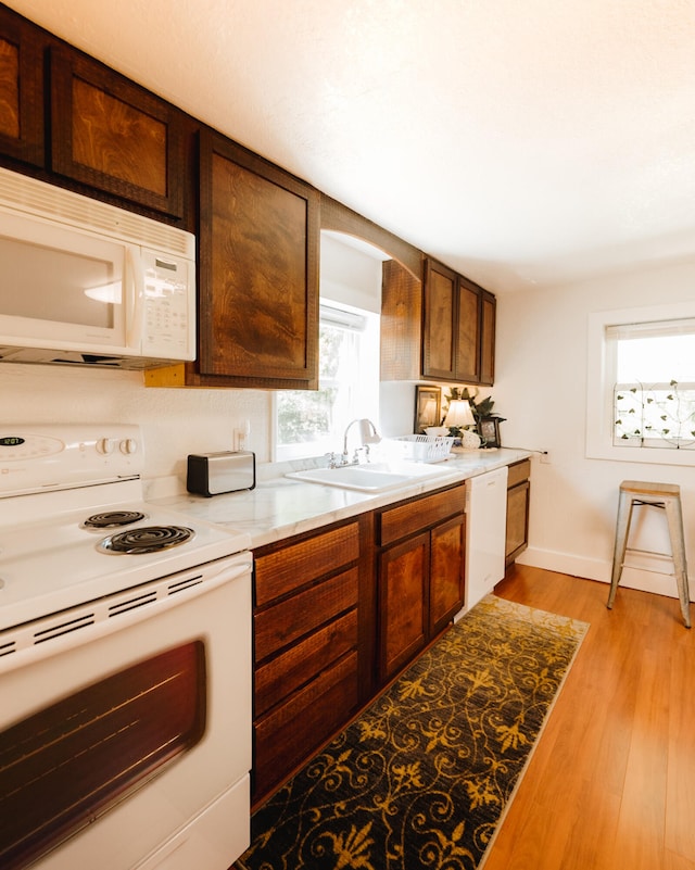 3501 Grassy Fork Rd, Hartford, TN 37753 - kitchen with white appliances, a sink, light wood-style flooring, light countertops, and baseboards