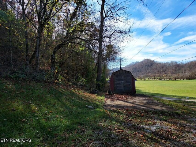 view of yard featuring a storage shed