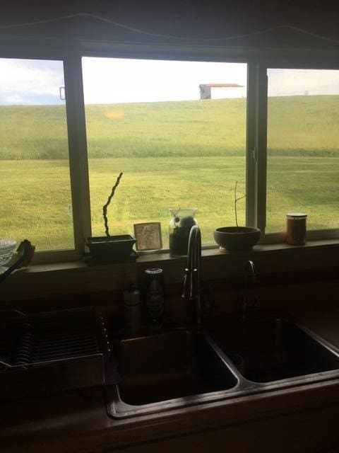 kitchen featuring a rural view and sink