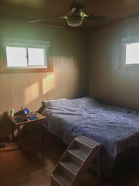 bedroom featuring ceiling fan and wood-type flooring