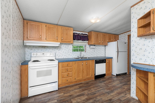 kitchen with white appliances, wallpapered walls, under cabinet range hood, a sink, and open shelves