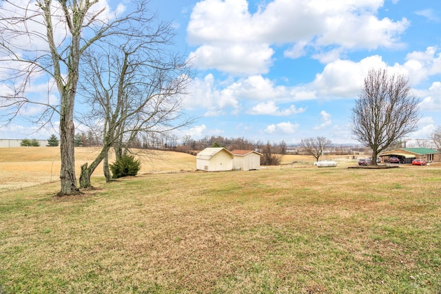 view of yard with a rural view and a shed