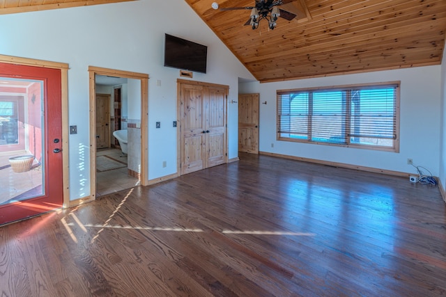 unfurnished living room featuring ceiling fan, high vaulted ceiling, wood ceiling, and dark hardwood / wood-style flooring