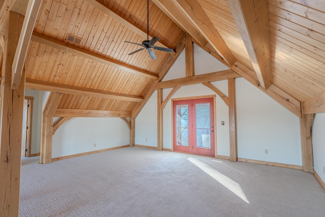 additional living space with carpet floors, ceiling fan, baseboards, and wooden ceiling
