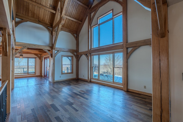 unfurnished living room featuring high vaulted ceiling, beam ceiling, baseboards, wood finished floors, and wood ceiling