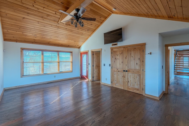 interior space featuring wood-type flooring, high vaulted ceiling, ceiling fan, and wood ceiling