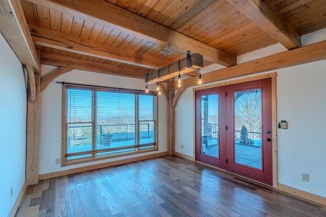 interior space featuring wood ceiling, beam ceiling, and dark hardwood / wood-style floors