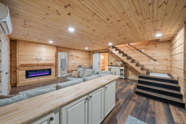 2940 Beecarter Rd, Dandridge, TN 37725 - living area with a wall mounted air conditioner, recessed lighting, wooden walls, stairway, and wooden ceiling