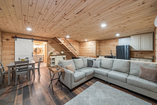 2940 Beecarter Rd, Dandridge, TN 37725 - living room with recessed lighting, a barn door, wood ceiling, wood walls, and stairs
