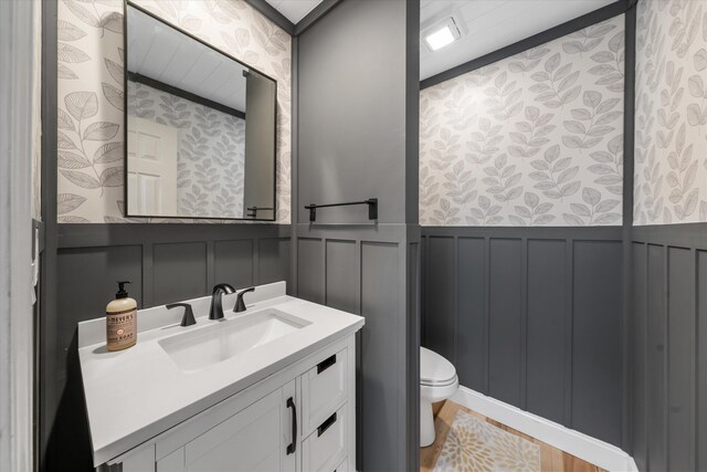 2940 Beecarter Rd, Dandridge, TN 37725 - bathroom with vanity, wallpapered walls, toilet, wainscoting, and a decorative wall