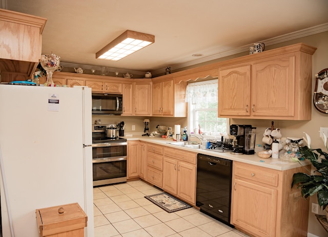 kitchen with freestanding refrigerator, double oven range, dishwasher, light brown cabinetry, and crown molding