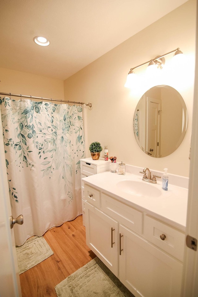 1161 Wooddale Rd, Morristown, TN 37814 - bathroom with vanity, wood finished floors, recessed lighting, and curtained shower
