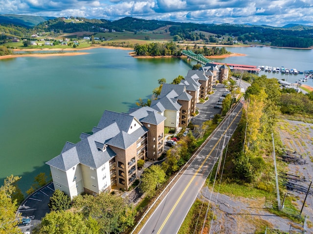 birds eye view of property with a water and mountain view