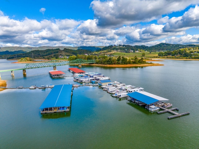 drone / aerial view with a water and mountain view