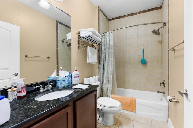 full bathroom with vanity, toilet, tile patterned floors, and shower / tub combo with curtain